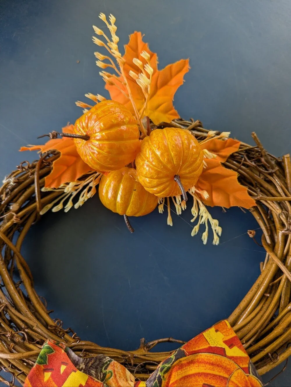 Grapevine Wreath Autumn Pumpkin Grapevine Wreath with Orange Bow 9.5 x 7